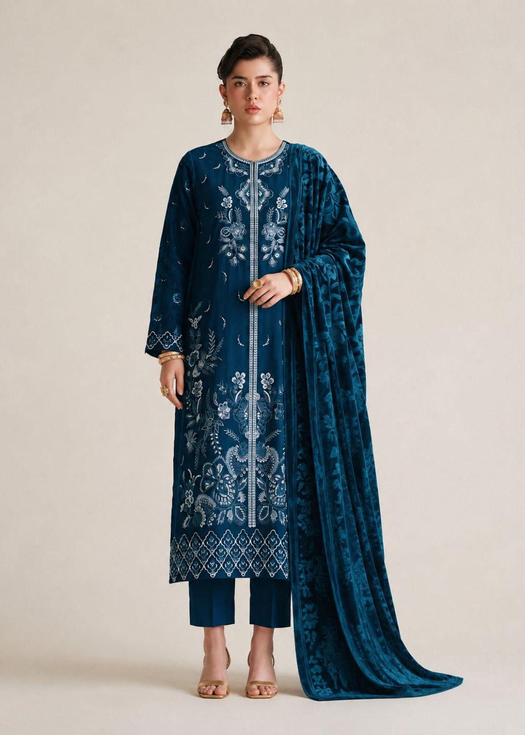 A woman modeling a traditional Indian salwar kameez suit in deep teal blue, featuring intricate white embroidery, matching trousers, and a long draped dupatta, set against a plain beige studio background.