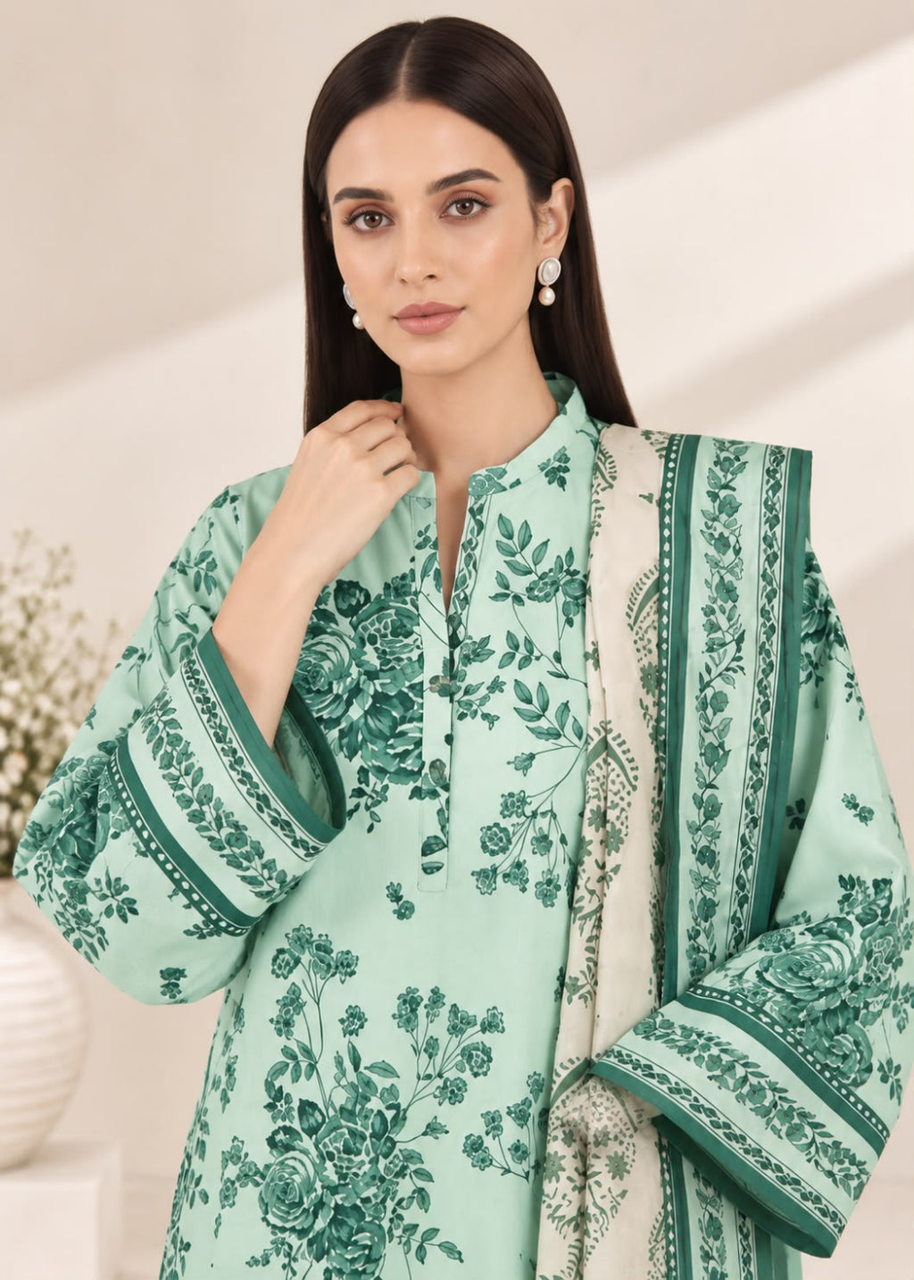 A woman modeling a mint green and dark green printed kurta with a matching dupatta, set against a soft beige background with elegant shadows.