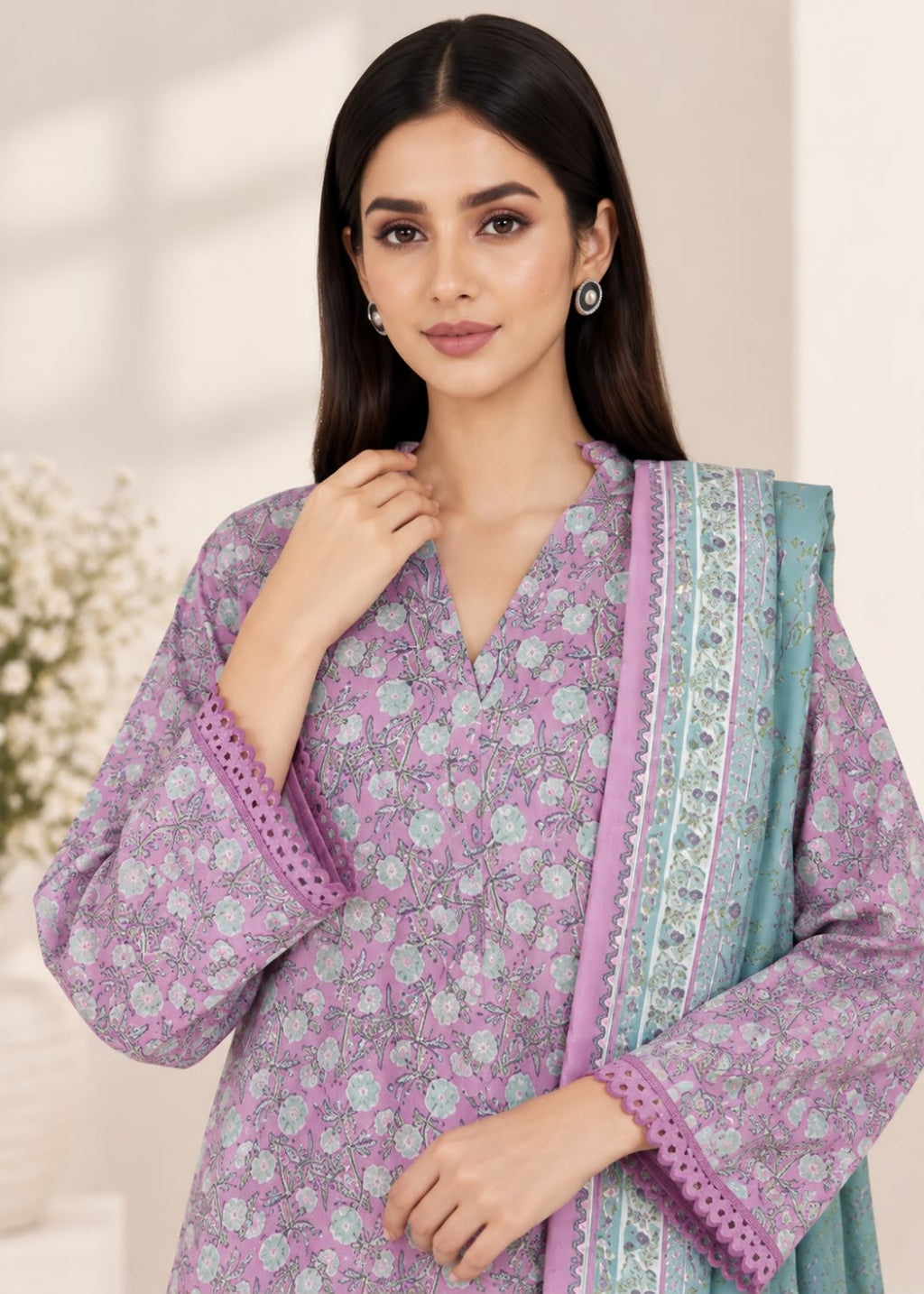 A woman modeling a traditional Indian salwar kameez set in lavender purple with a floral print, featuring a matching light blue dupatta with a detailed border.