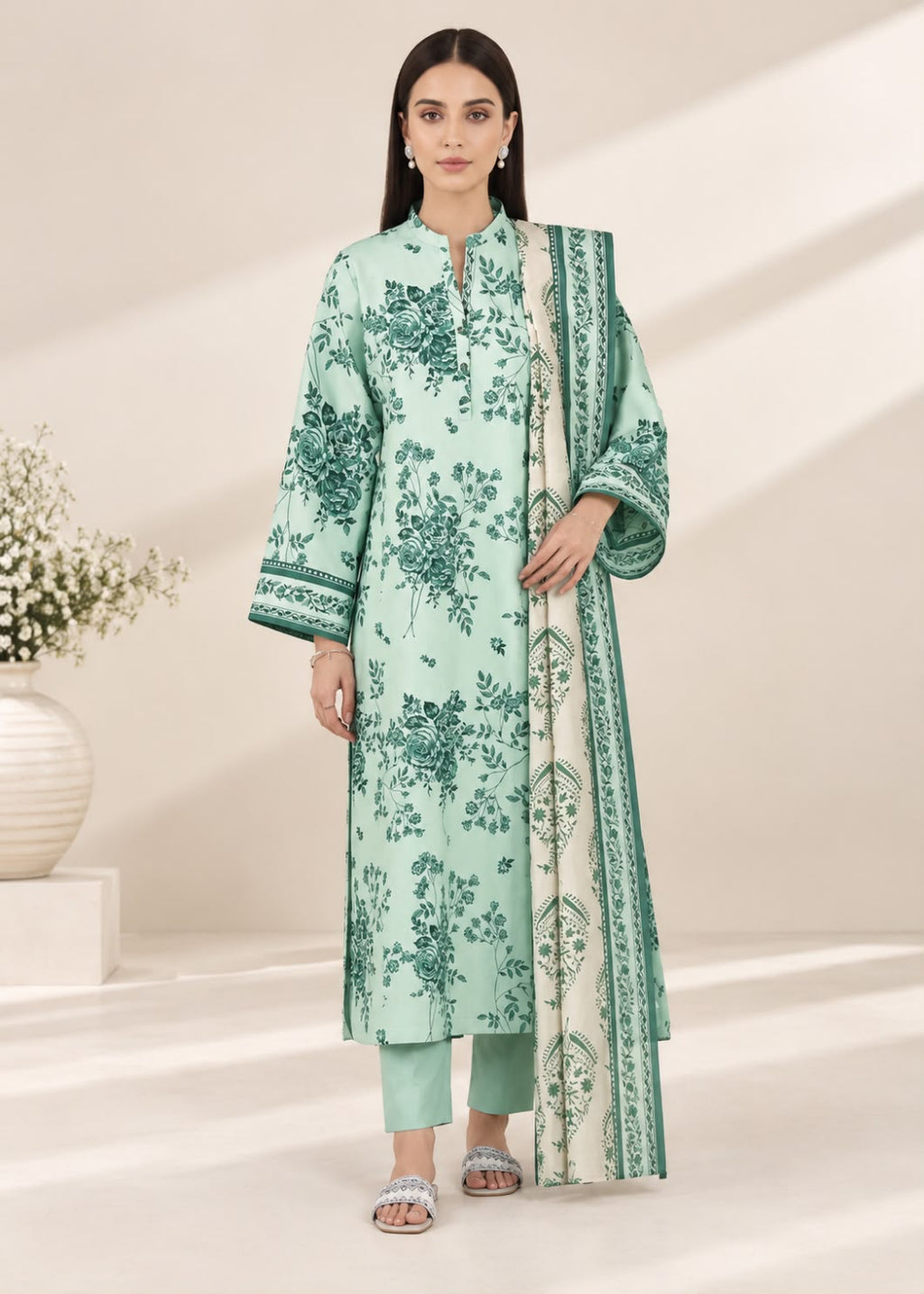 A woman modeling a mint green traditional outfit with dark green floral embroidery, matching pants, and a patterned dupatta, set against a warm beige background with soft shadows.