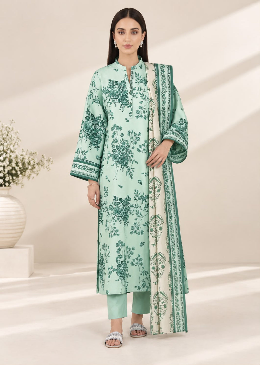 A woman modeling a mint green traditional outfit with dark green floral embroidery, matching pants, and a patterned dupatta, set against a warm beige background with soft shadows.
