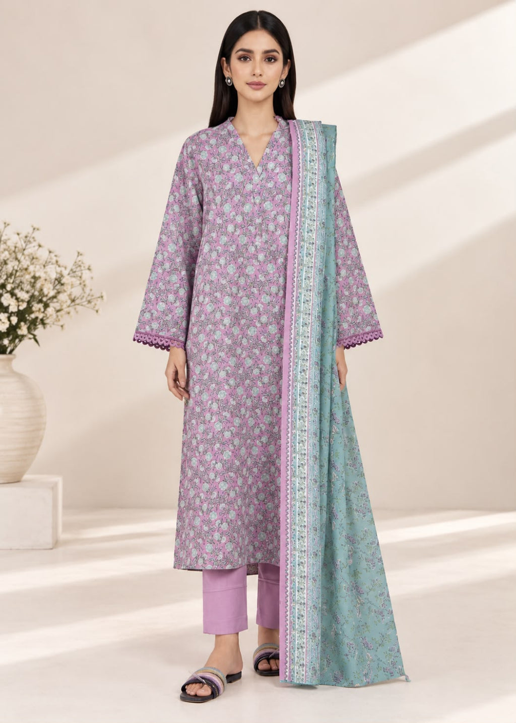 A woman modeling a traditional Indian salwar kameez set in lavender and mint green. The set includes a long-sleeved kurta with a floral print, matching trousers, and a coordinating dupatta with a detailed border.