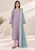 A woman modeling a traditional Indian salwar kameez set in lavender and mint green. The set includes a long-sleeved kurta with a floral print, matching trousers, and a coordinating dupatta with a detailed border.