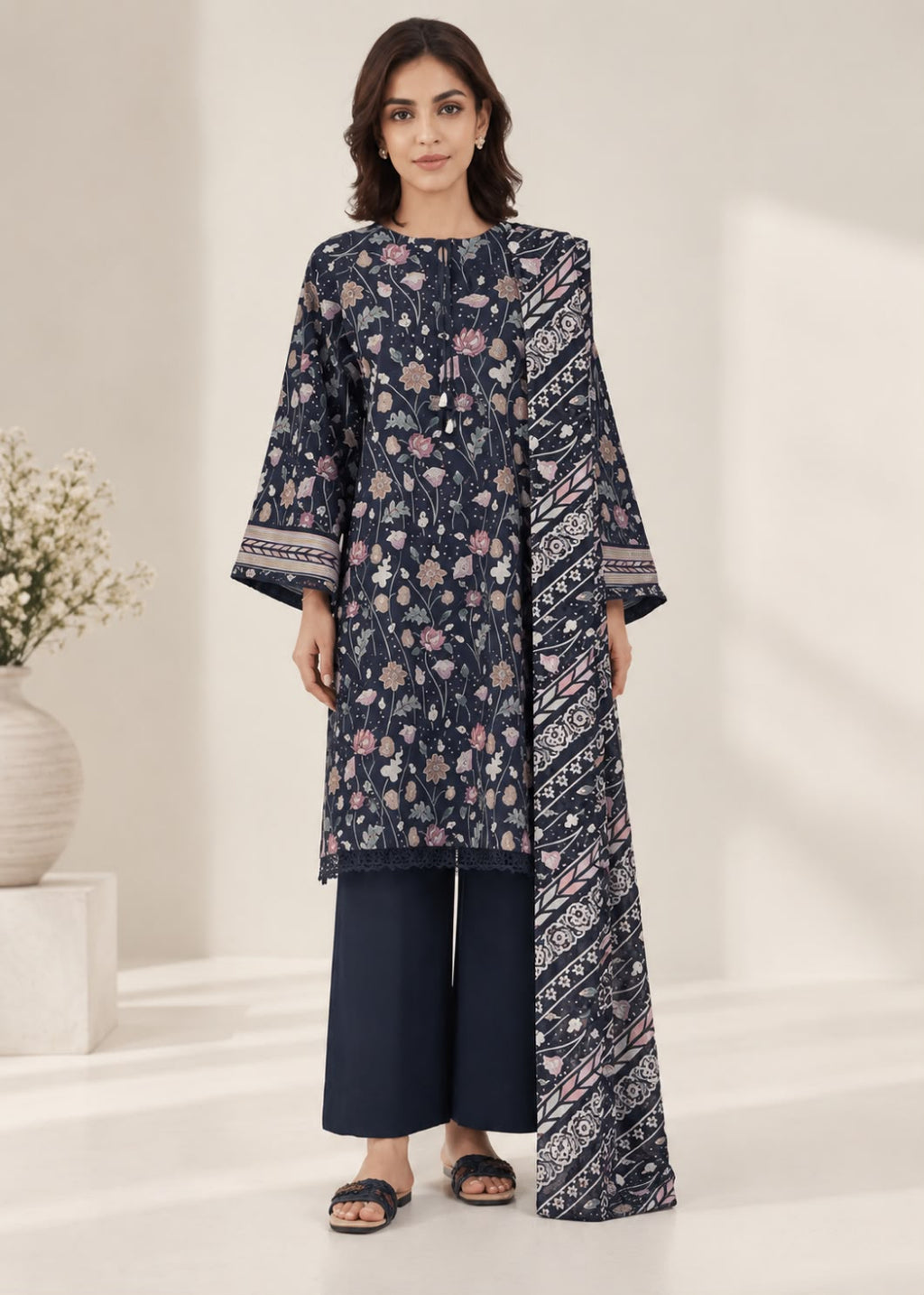 A woman models a navy blue three-piece kurta suit with floral and geometric prints, featuring a tunic top, wide-leg trousers, and a matching dupatta, set against a bright, minimalist indoor background.