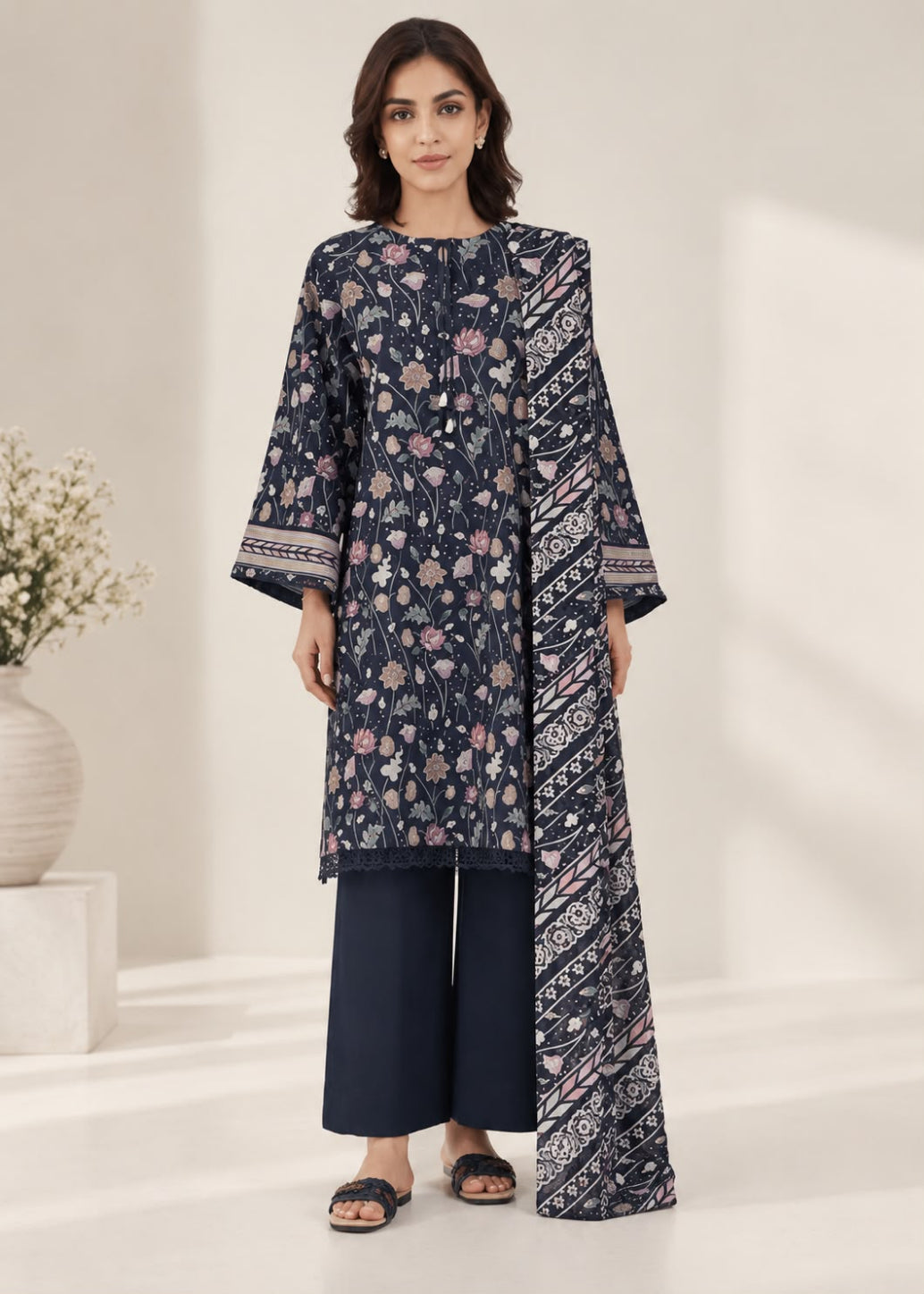 A woman models a navy blue three-piece kurta suit with floral and geometric prints, featuring a tunic top, wide-leg trousers, and a matching dupatta, set against a bright, minimalist indoor background.
