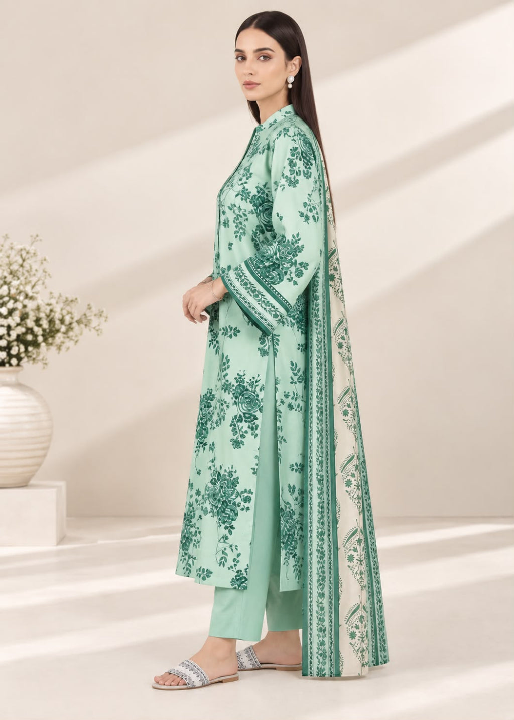 A woman modeling a mint green three-piece salwar kameez suit with floral embroidery and a matching dupatta, set against a warm beige background with soft diagonal shadows.