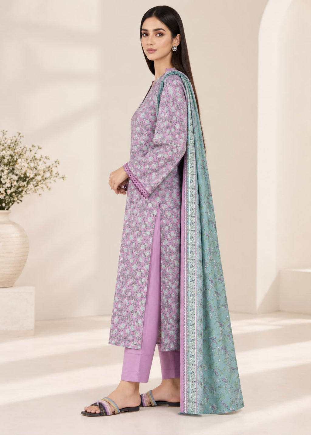 A woman modeling a traditional Indian salwar kameez set featuring a lavender kurta with a floral print, matching lavender trousers, and a light teal dupatta with a printed border, set against a warm beige architectural background.