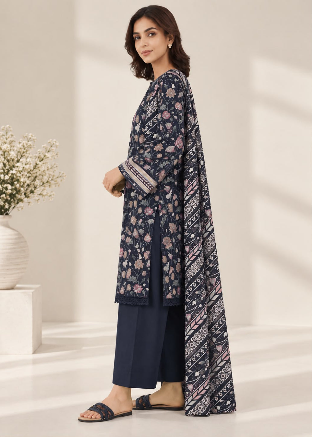 A woman models a navy blue three-piece traditional outfit with pink and white floral prints, featuring a long kurta, matching trousers, and a coordinating dupatta, set against a bright, minimalist studio background.