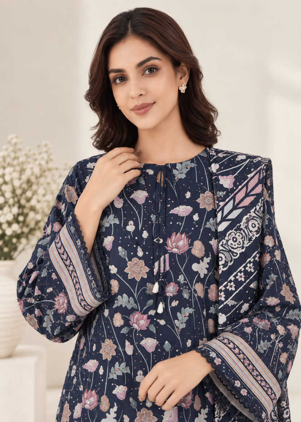 A woman wearing a navy blue long-sleeve kurta with a pink and white floral print and patterned sleeve cuffs, posed in a bright indoor setting.