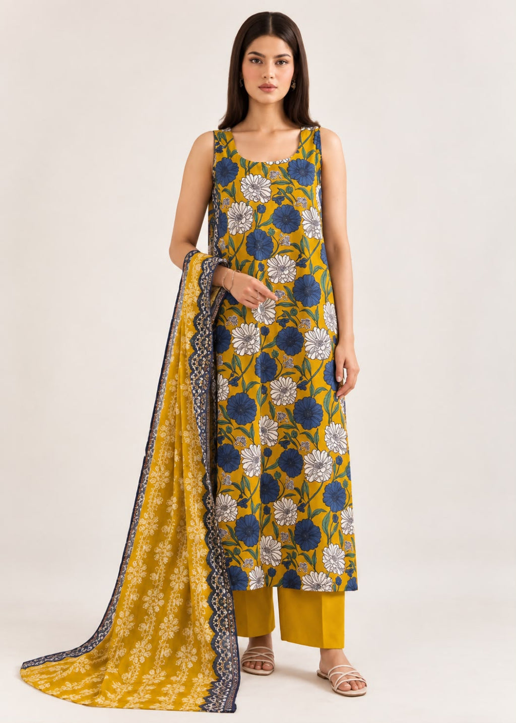 A woman modeling a sleeveless mustard yellow kurta set with a navy and white floral print, paired with matching yellow pants and a coordinating dupatta, against a plain light beige studio background.
