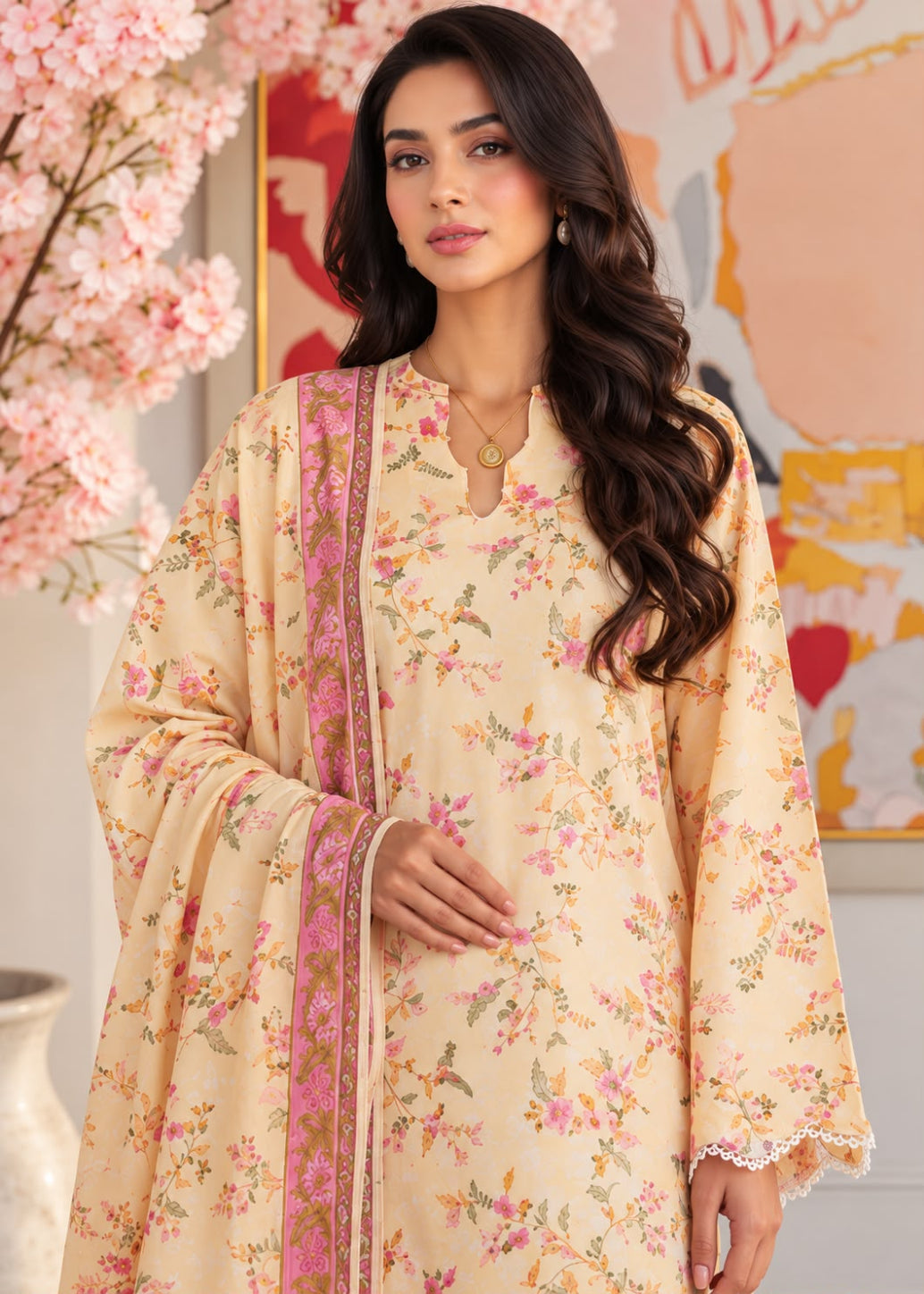 A woman modeling a beige floral printed traditional outfit with a matching dupatta, featuring pink and green floral patterns and lace trim on the sleeves, set against a softly decorated indoor background with pink blossoms.
