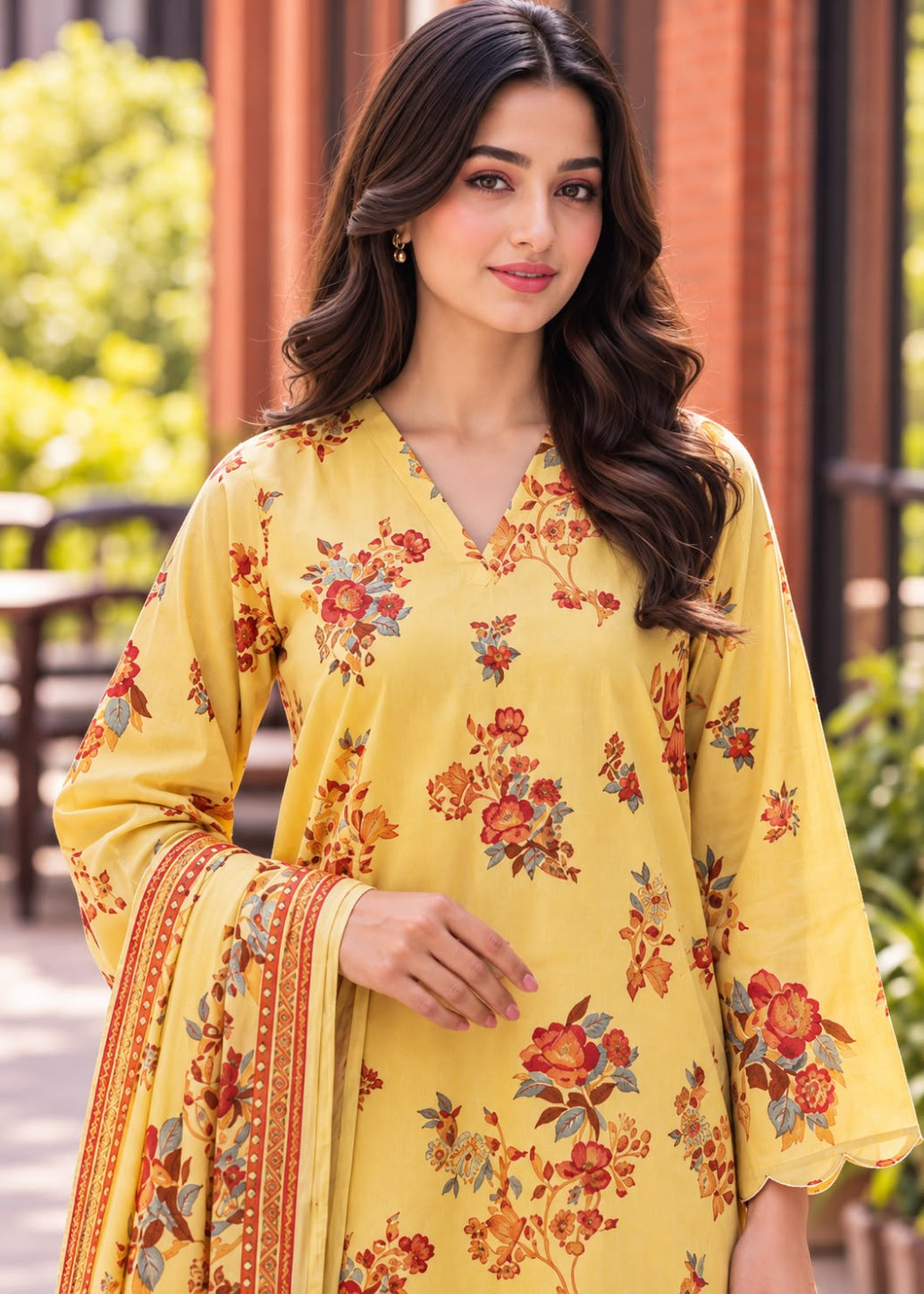 A woman wearing a yellow floral printed kurta with a matching dupatta, standing in front of a blurred outdoor background with warm architectural elements.