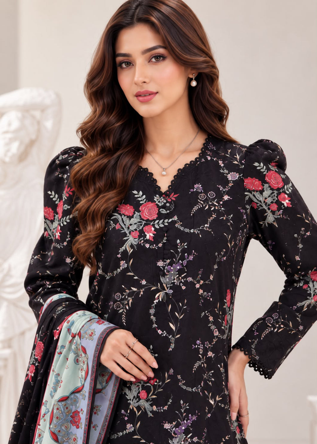 A woman modeling a black long-sleeve kurta with a colorful floral and vine print, paired with a light blue patterned dupatta, set against a softly blurred indoor background.