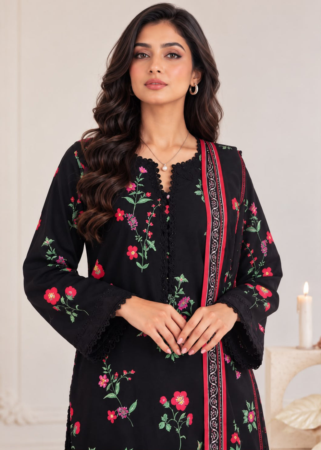A woman modeling a black three-piece salwar kameez suit with vibrant red, pink, and green floral embroidery, featuring a scalloped neckline, long sleeves, and a matching embroidered dupatta.
