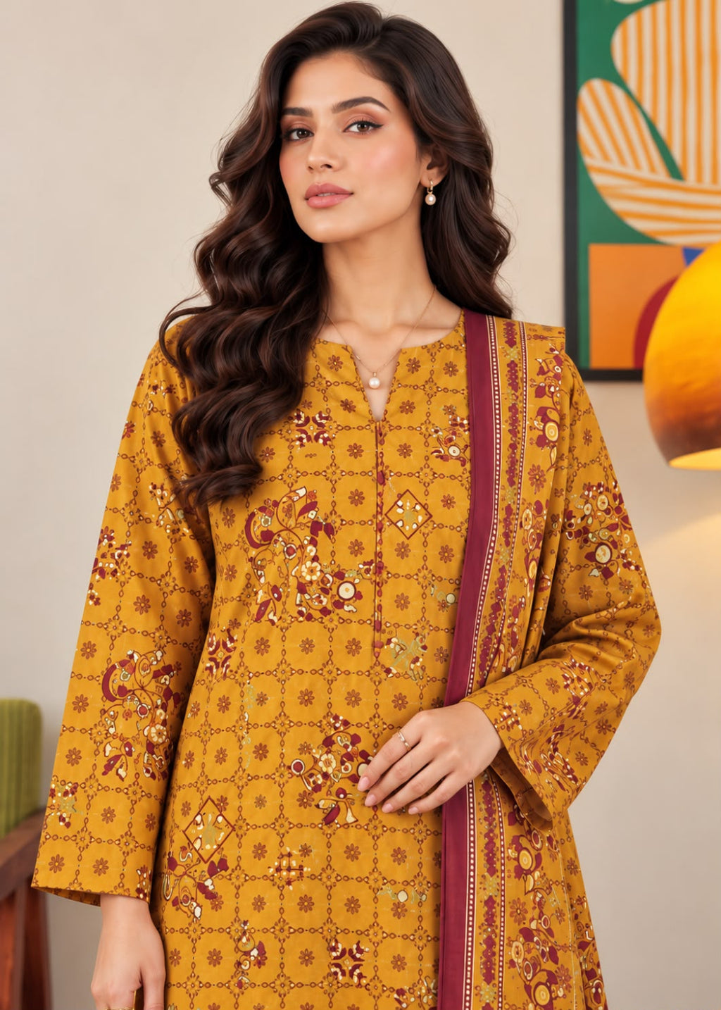 A woman modeling a mustard yellow printed kurta with a matching dupatta featuring a deep maroon border, set against an indoor background with a framed abstract print and a lamp.