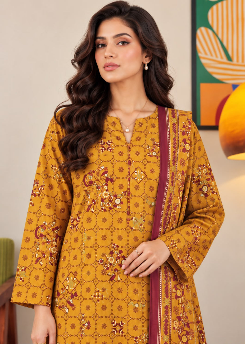 A woman modeling a mustard yellow printed kurta with a matching dupatta featuring a deep maroon border, set against an indoor background with a framed abstract print and a lamp.