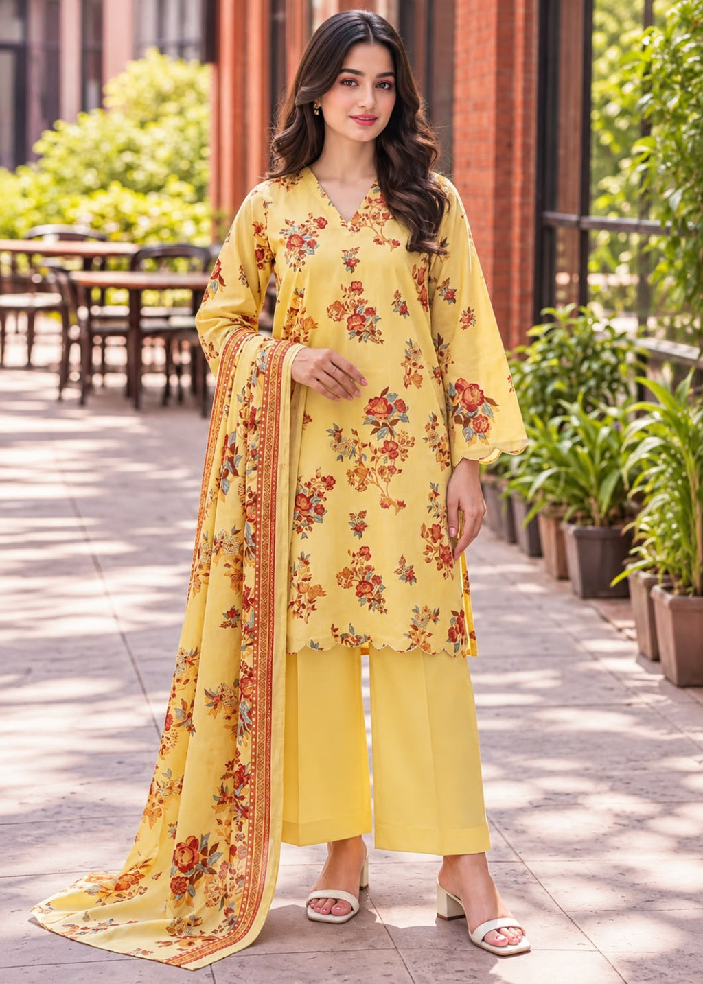 A woman modeling a yellow floral salwar kameez suit with matching wide-leg pants and a sheer printed dupatta, standing outdoors on a paved walkway with plants and tables in the background.
