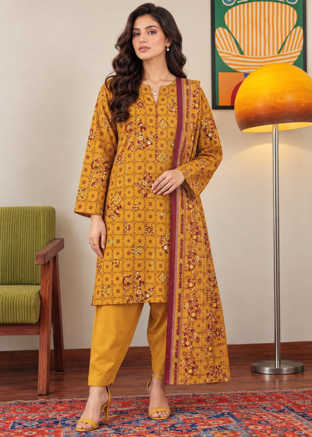 A woman modeling a mustard yellow printed kurta with matching pants in a styled indoor setting with a green armchair, patterned rug, and floor lamp.