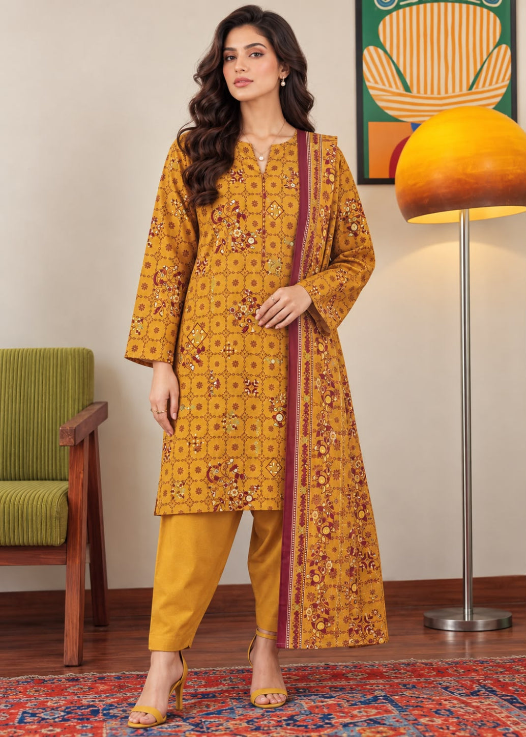 A woman modeling a mustard yellow printed kurta with matching pants in a styled indoor setting with a green armchair, patterned rug, and floor lamp.