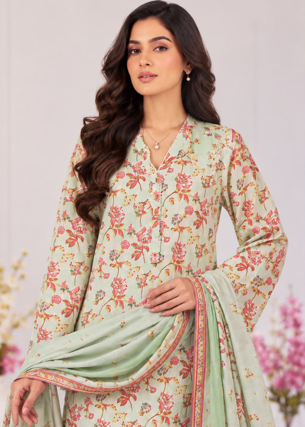 A woman modeling a light sage green salwar kameez suit with a pink and orange floral print, paired with a matching sage green dupatta featuring a pink border.
