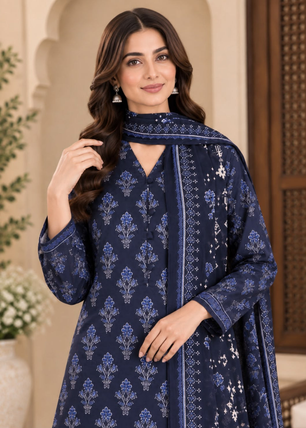 A woman modeling a navy blue traditional outfit with intricate light blue and white floral prints, featuring a high-neck tunic with a keyhole cutout and a matching printed dupatta, set against a warm beige architectural background.