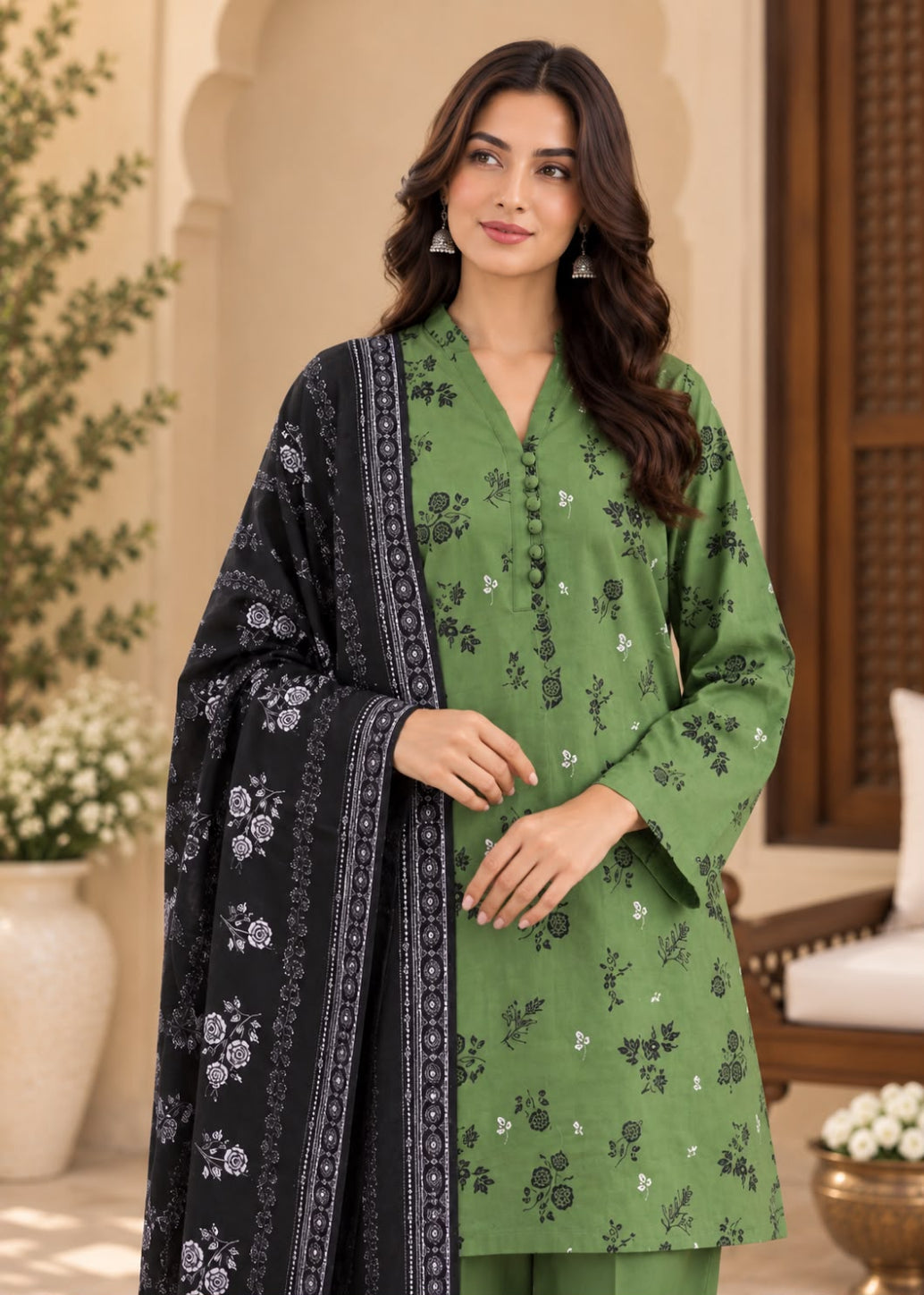 A woman modeling a green three-piece ethnic suit with black floral print and a matching black dupatta draped over her shoulder, set against a warm, traditional architectural background.
