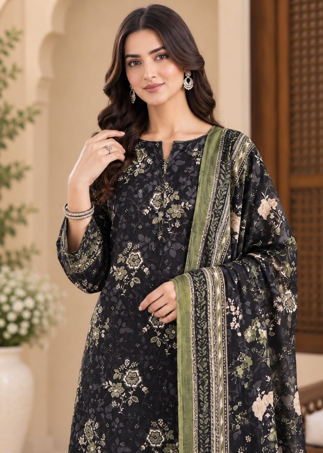 A woman modeling a black floral printed salwar kameez suit with a green border dupatta in a warm indoor setting.