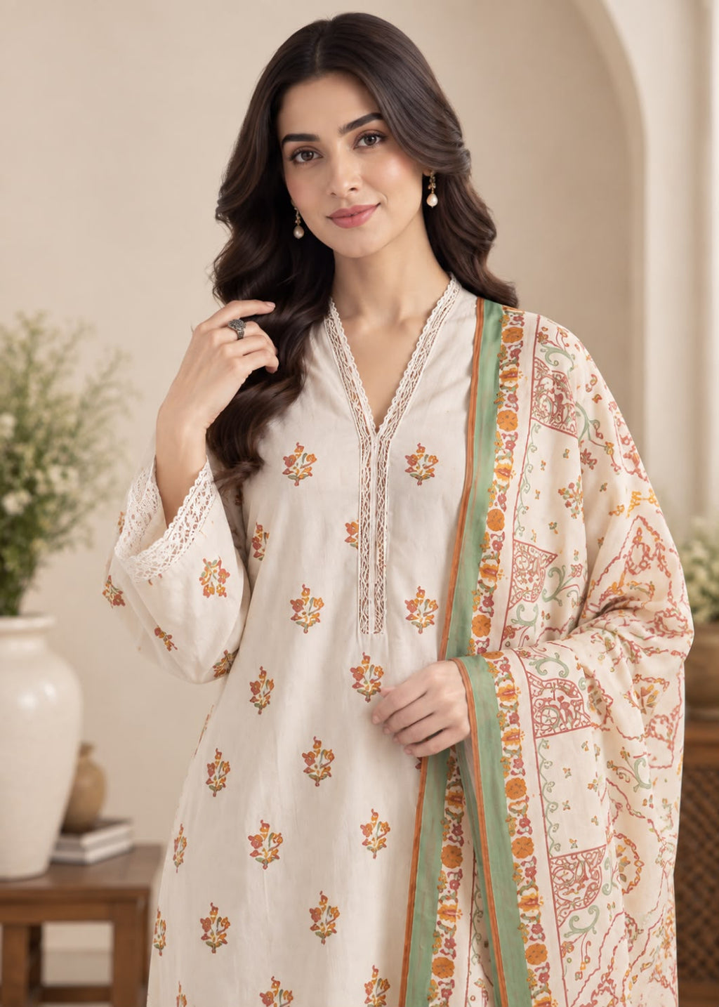 A woman models a traditional three-piece salwar kameez suit set. The outfit consists of an off-white long kurta with orange and green floral prints, a matching green-trimmed dupatta with orange and green patterns, and a cream-colored kameez jacket with orange and green paisley prints.