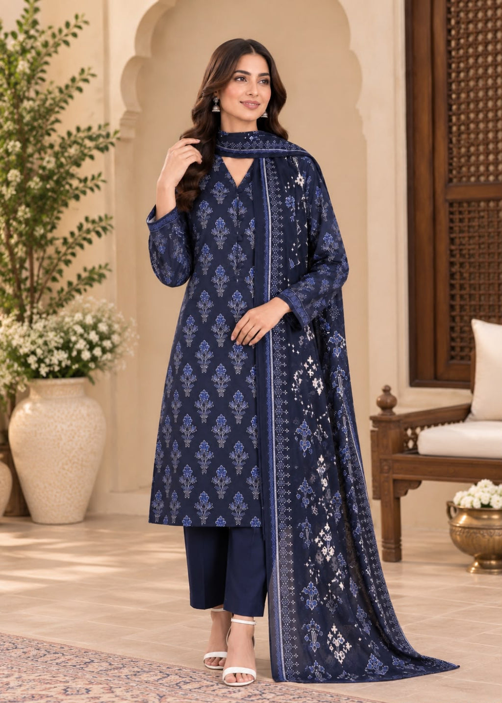 A woman models a navy blue ethnic salwar kameez suit with intricate silver mirror work and a matching dupatta in a traditional courtyard setting.