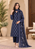A woman models a navy blue ethnic salwar kameez suit with intricate silver mirror work and a matching dupatta in a traditional courtyard setting.