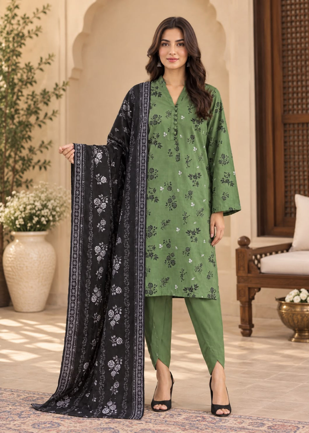A woman models a three-piece olive green salwar kameez suit with black floral prints and a matching black dupatta draped over her arm, set against a traditional architectural background with arches and wooden furniture.