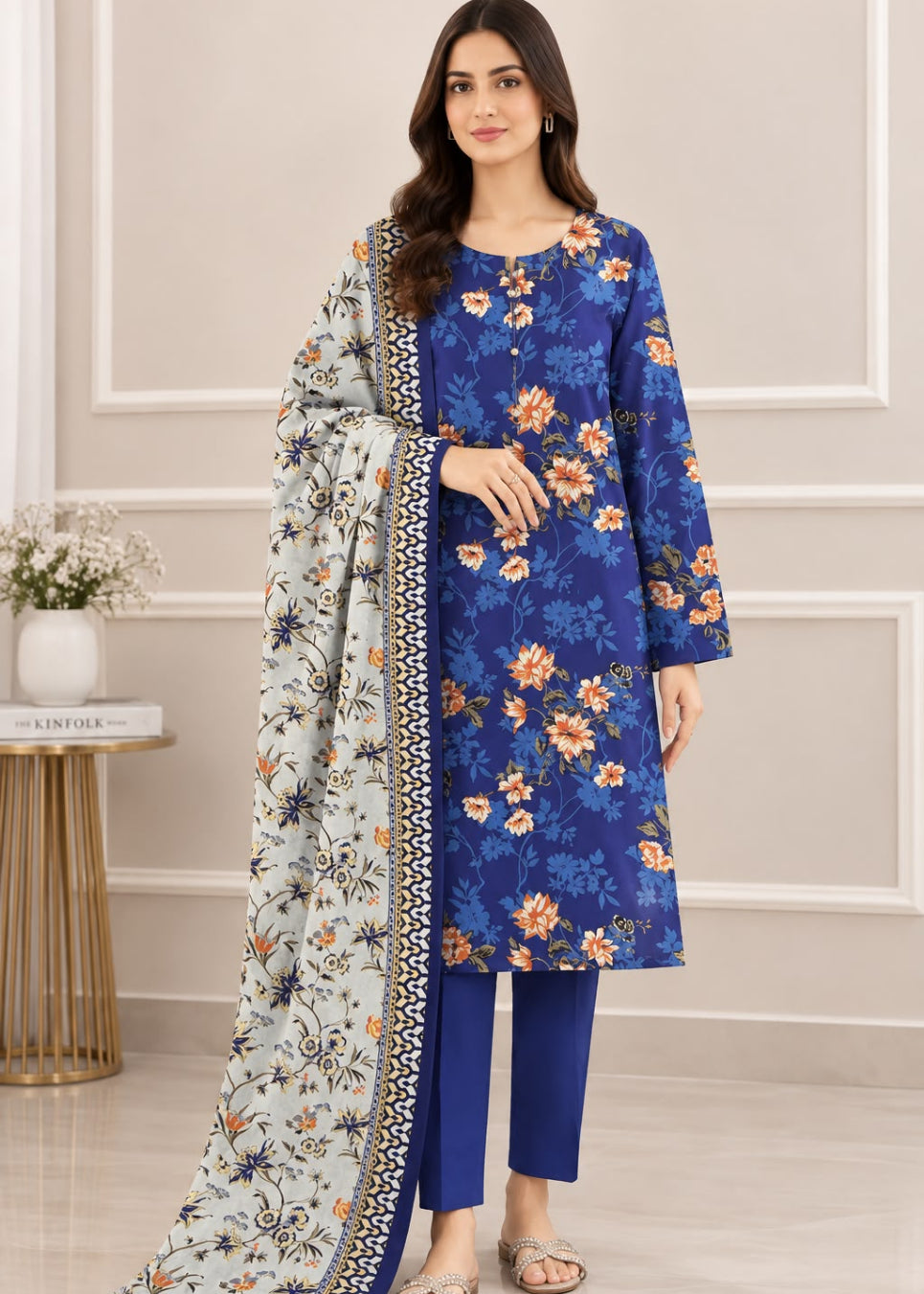 A woman models a three-piece Indian salwar kameez suit set. The set includes a royal blue long-sleeve kurta with a floral print, matching blue trousers, and a light blue dupatta with a detailed multicolor border and floral pattern.