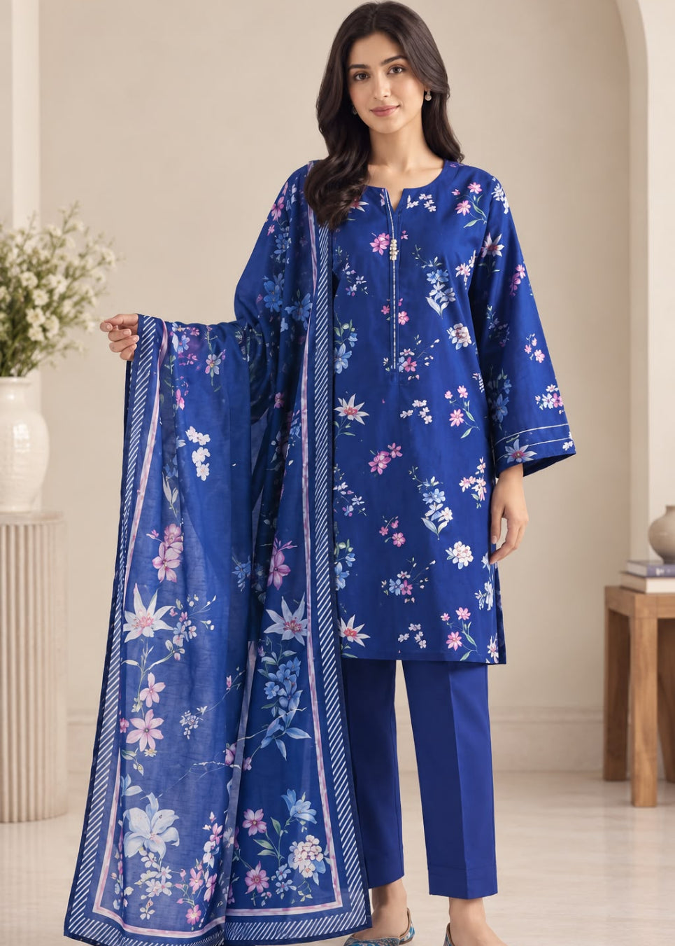 A woman models a royal blue three-piece salwar kameez suit with a floral print and a matching dupatta. The set includes a long-sleeved tunic, matching trousers, and a sheer dupatta with a white border and floral pattern, set against a warm beige background.