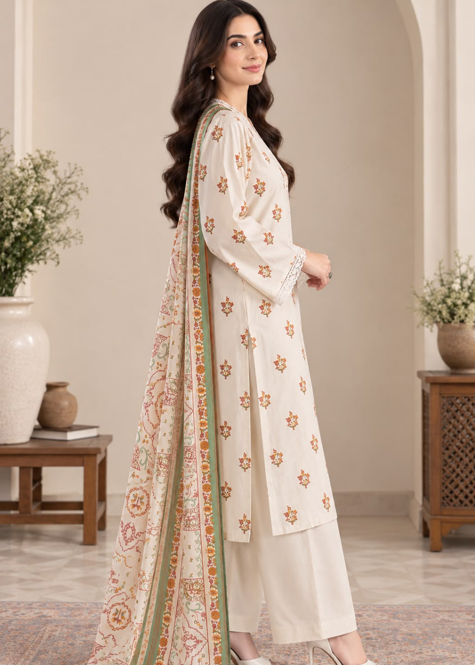 A woman models a traditional South Asian salwar kameez suit set in a warm, neutral indoor setting. The set features an off-white/cream kurta with orange floral embroidery, matching cream trousers, and a coordinating dupatta with intricate orange and green patterns.