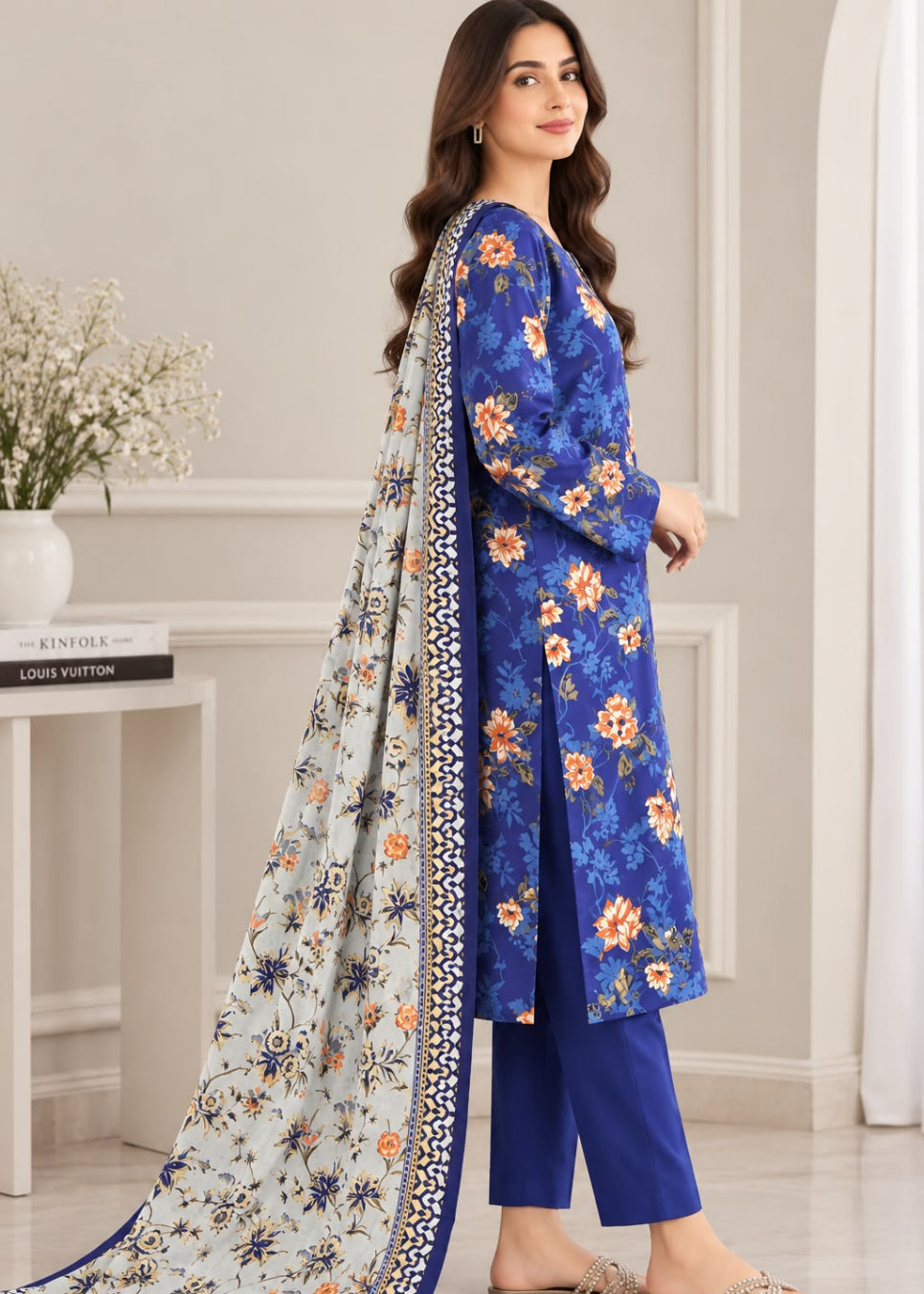 A woman models a traditional Indian salwar kameez suit set. The set features a royal blue kurta with a vibrant orange and yellow floral print, matching royal blue trousers, and a light beige dupatta with a blue and orange floral pattern and a detailed border.