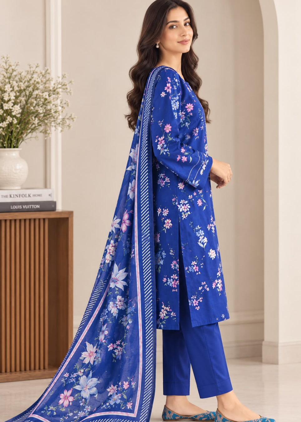 A woman modeling a royal blue three-piece salwar kameez suit with floral prints and a matching dupatta in an indoor setting.