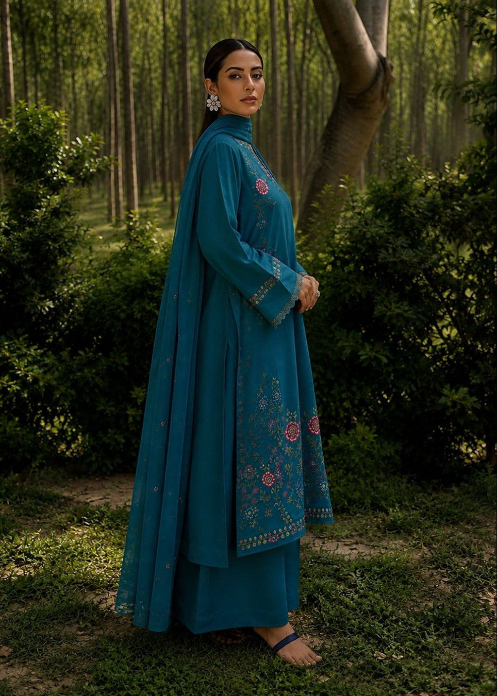A woman wearing a teal blue embroidered traditional outfit with a matching dupatta, standing in a dense forest setting.