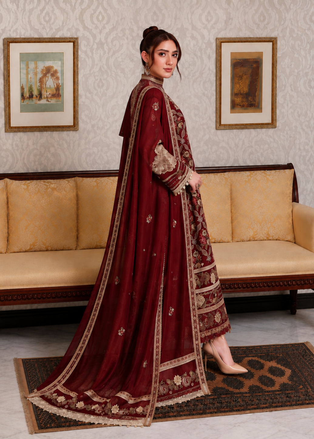 A woman models a traditional deep maroon salwar kameez suit with intricate gold embroidery, standing in a decorated room with a beige sofa and framed wall art.