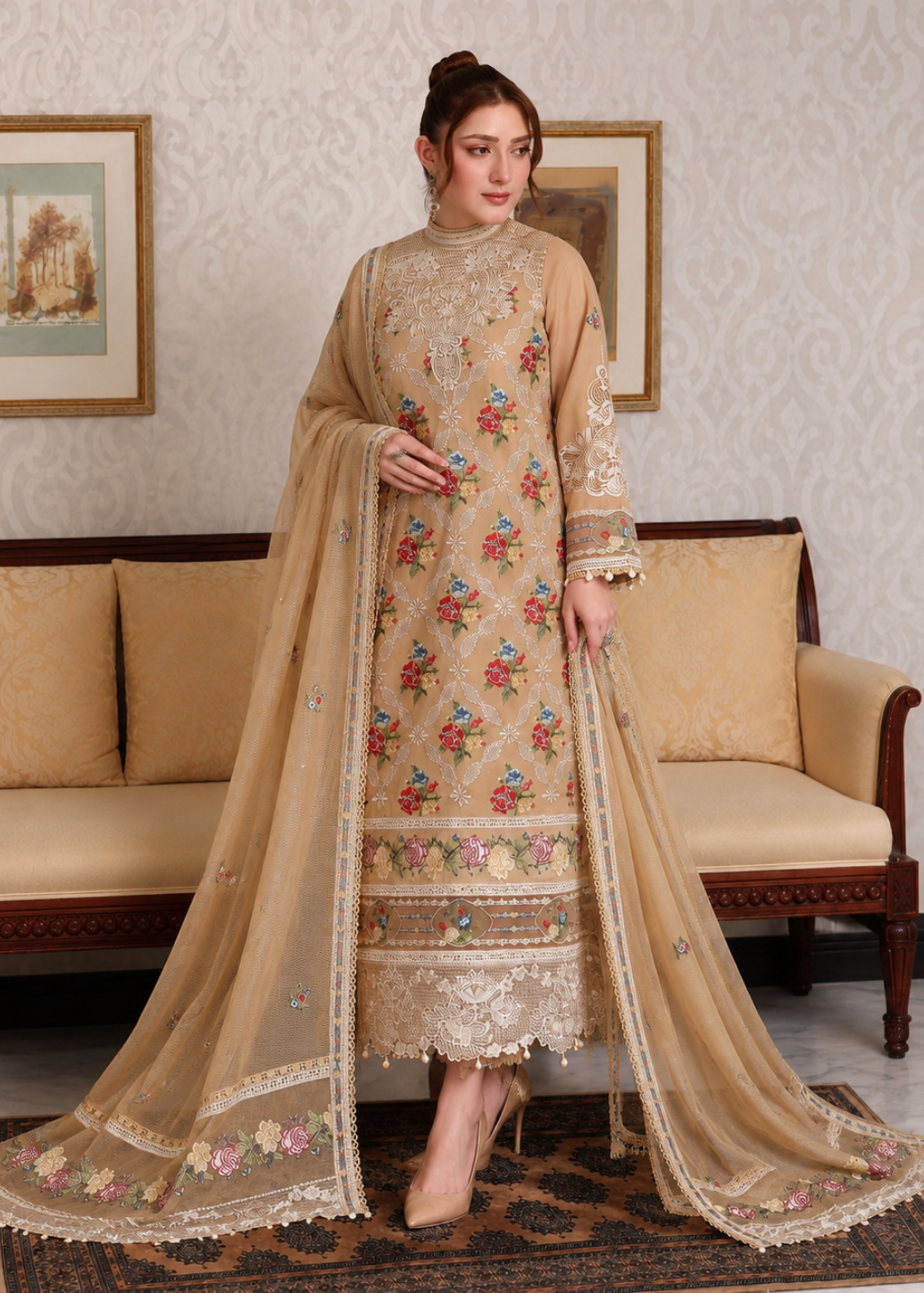 A woman models a traditional beige embroidered salwar kameez set with a matching sheer dupatta in a living room setting with a patterned sofa and framed wall art.