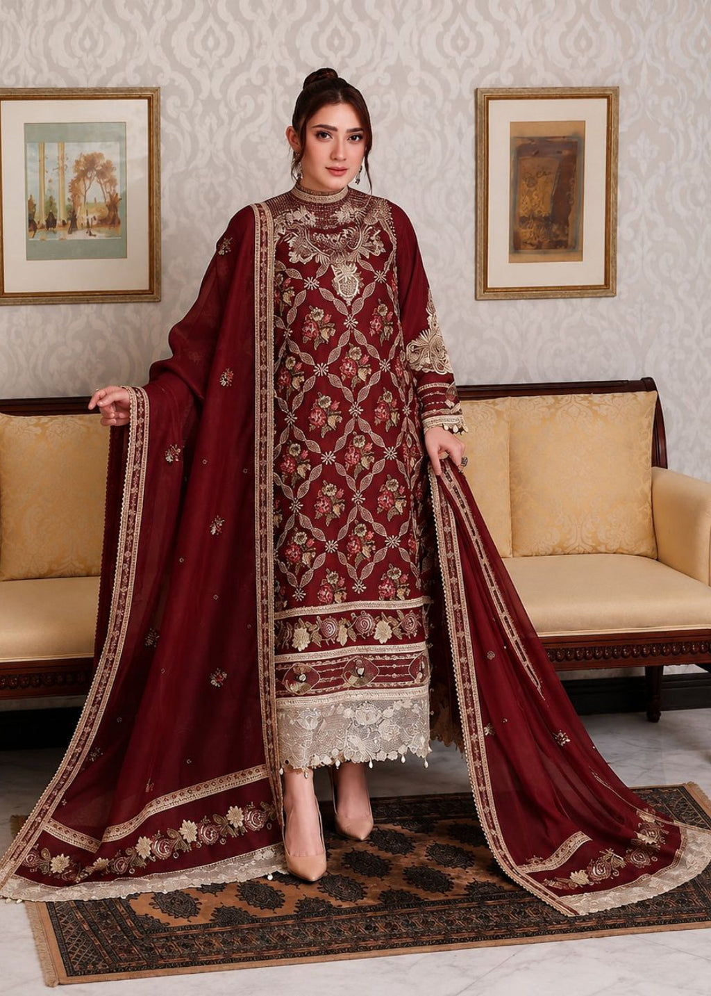 A woman models an ornate maroon traditional South Asian salwar kameez suit with intricate gold embroidery and a matching dupatta in a decorated room with beige sofas and framed wall art.