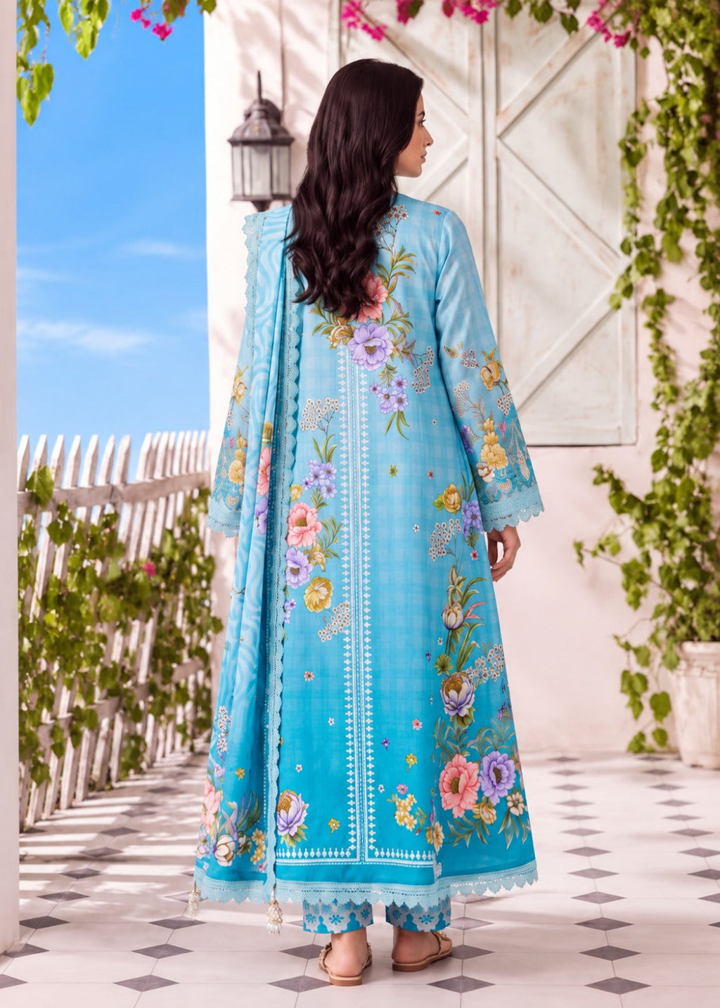 A woman stands outdoors wearing a bright turquoise blue embroidered traditional outfit with floral prints in pink, purple, yellow, and green. The scene includes a white door, climbing green vines, blue sky, and a tiled walkway.