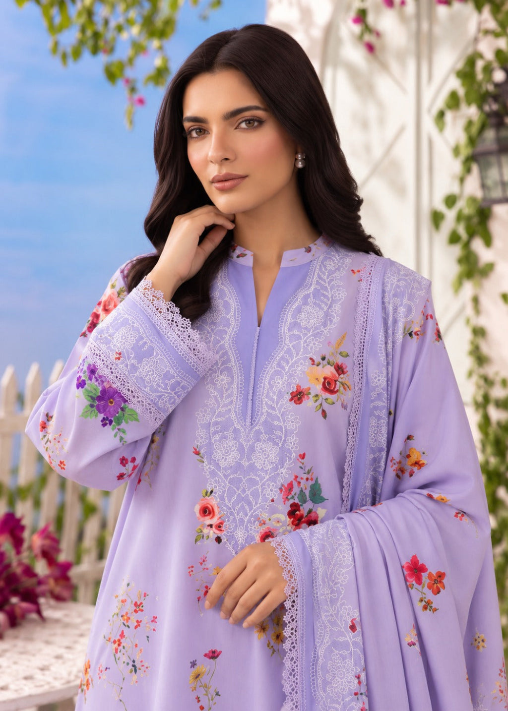 A woman wearing a lavender purple ethnic kurta with white floral embroidery and colorful floral prints, set against an outdoor garden background.