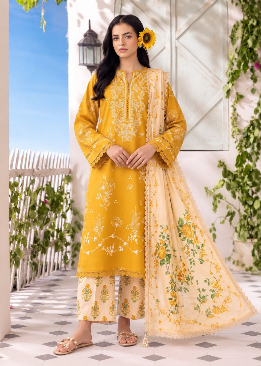 A woman models a three-piece Indian ethnic suit set featuring a mustard yellow kurta with white embroidery, matching yellow and beige patterned trousers, and a beige dupatta with yellow and green floral prints.