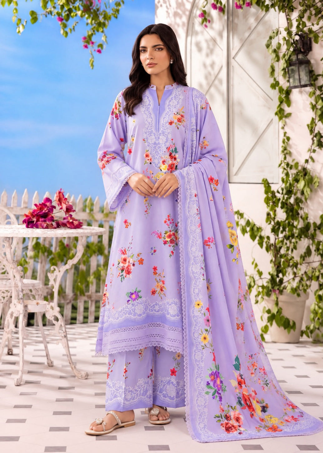 A woman models a lavender purple three-piece ethnic suit with colorful floral prints and white embroidery, set against an outdoor patio backdrop with white furniture and green vines.