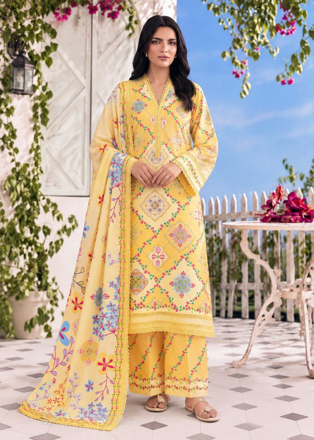 A woman models a bright yellow traditional South Asian salwar kameez suit with intricate multicolor floral embroidery and a matching embroidered dupatta, set against an outdoor patio backdrop with green vines and a blue sky.