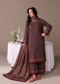 A woman models a traditional three-piece salwar kameez suit in dark brown with intricate red and black geometric patterns, paired with a matching dupatta, set against a neutral studio backdrop with a white draped table.