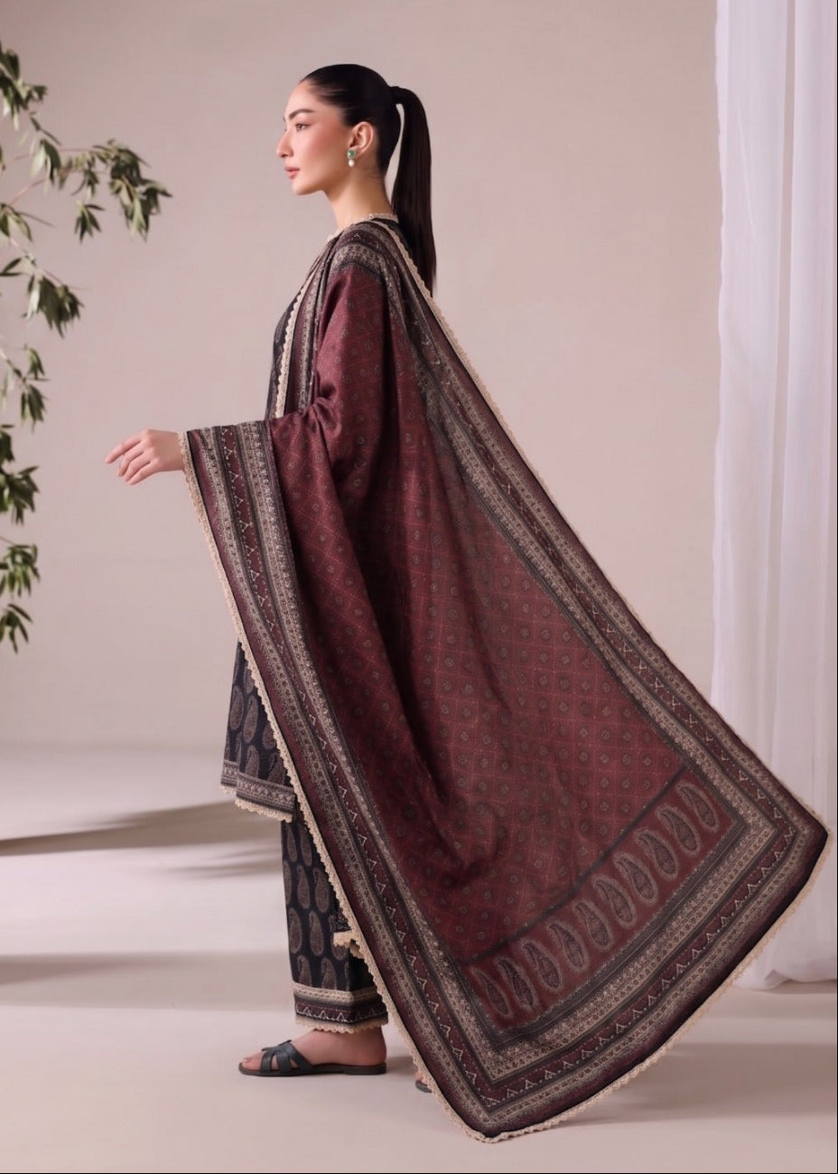 A woman in profile wearing a traditional South Asian outfit with a dark maroon patterned dupatta and dark patterned pants, standing in a minimalist studio with a potted plant and white curtains.