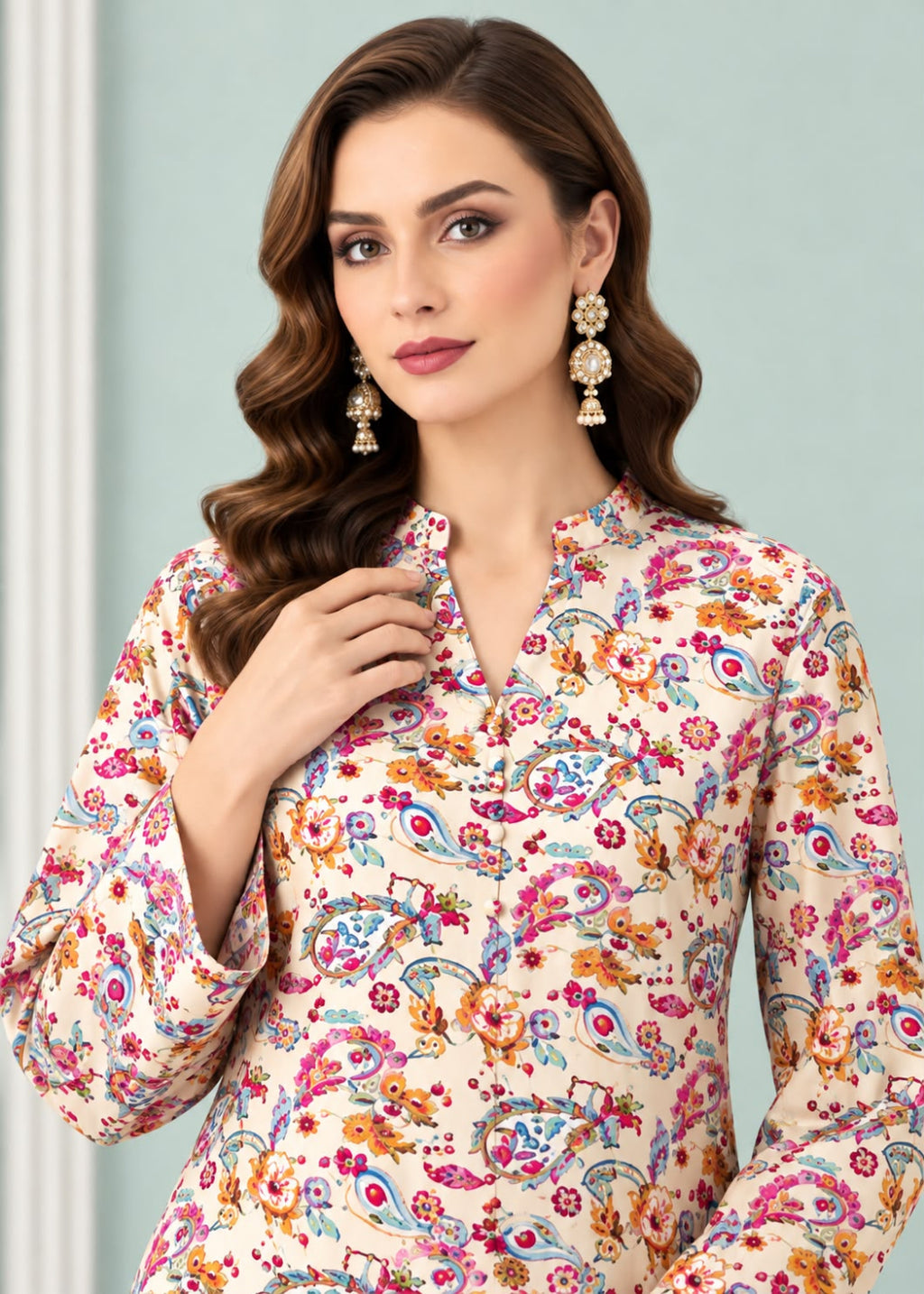 A woman wearing a beige long-sleeve kurta with a vibrant multicolor paisley and floral print, styled with gold-toned statement earrings against a soft light blue background.