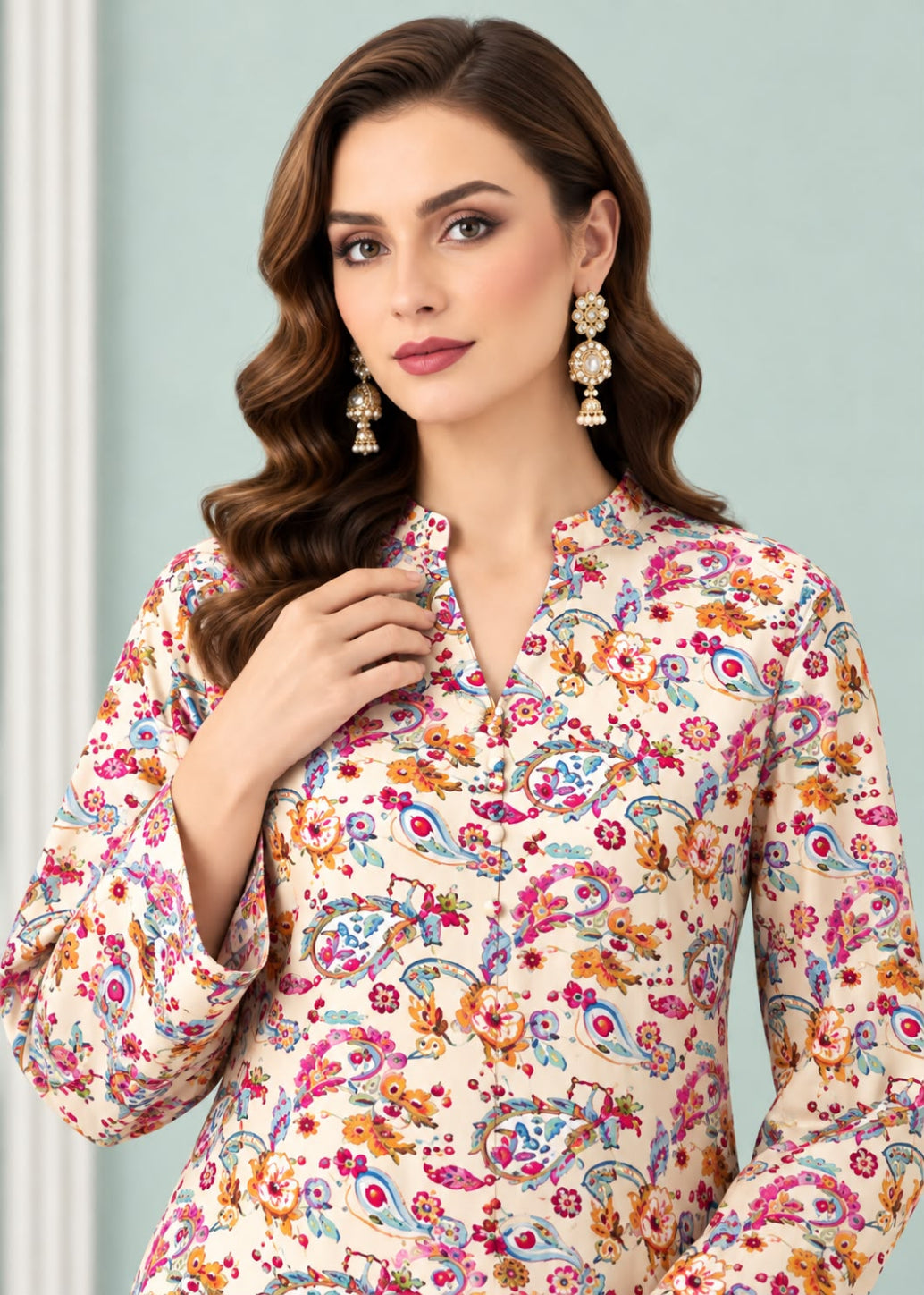 A woman wearing a beige long-sleeve kurta with a vibrant multicolor paisley and floral print, styled with gold-toned statement earrings against a soft light blue background.