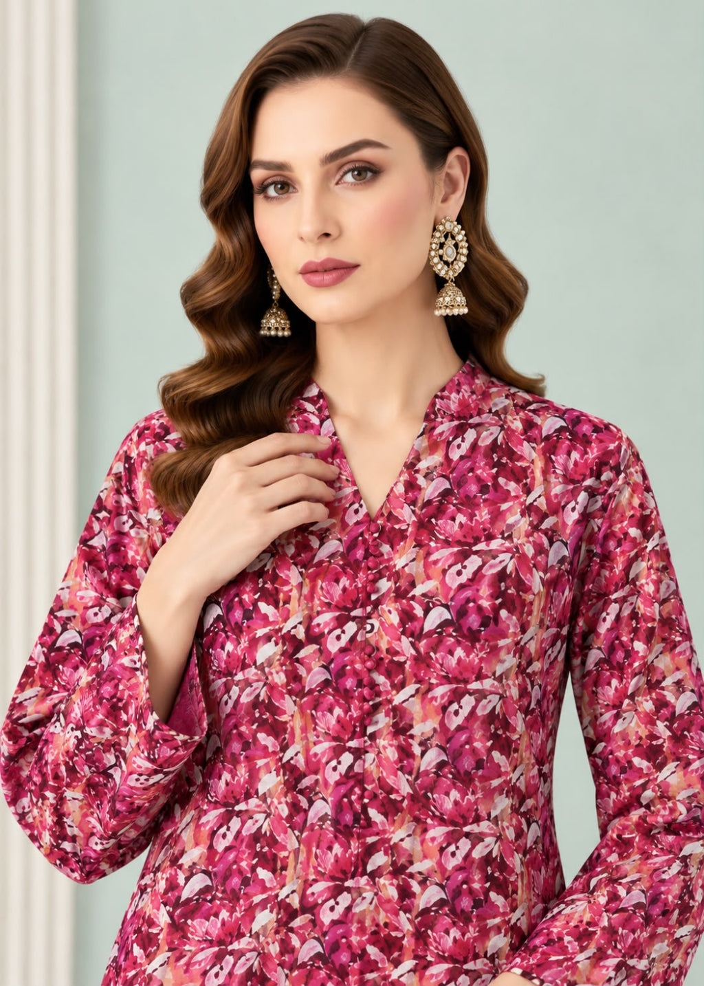 A woman wearing a vibrant pink and red floral print long-sleeve kurta with a V-neckline, styled with statement gold earrings against a soft, pale green background.